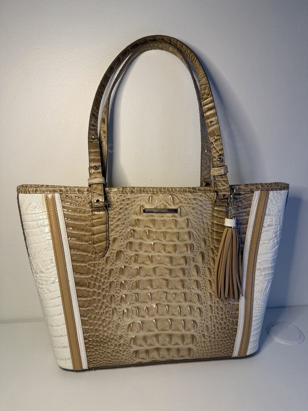 Brahmin Asher Medium Tote Neutral Vanilla Tan Embossed Leather Shoulder Bag